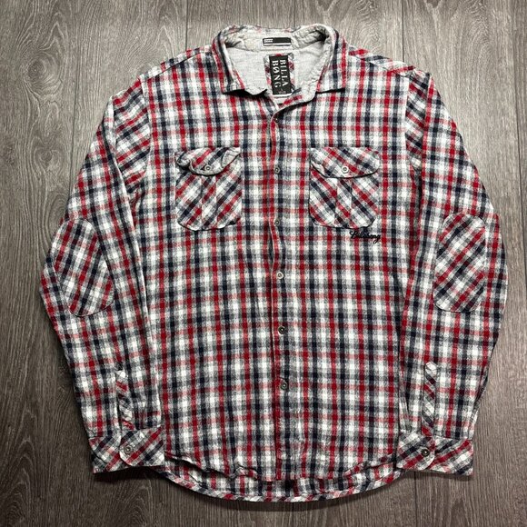 Billabong Flannel Shirt Plaid Large Red Western Surf Elbow Patches - Picture 2 of 10